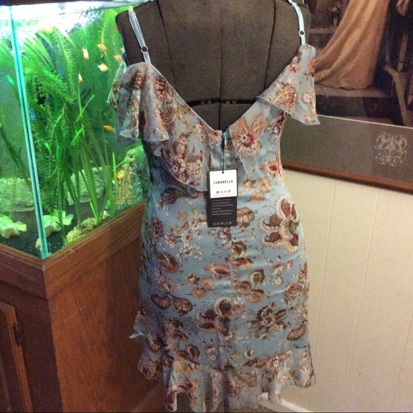 Blue Floral Off Shoulder Sleeve Chiffon Dress - Picture 2 of 6